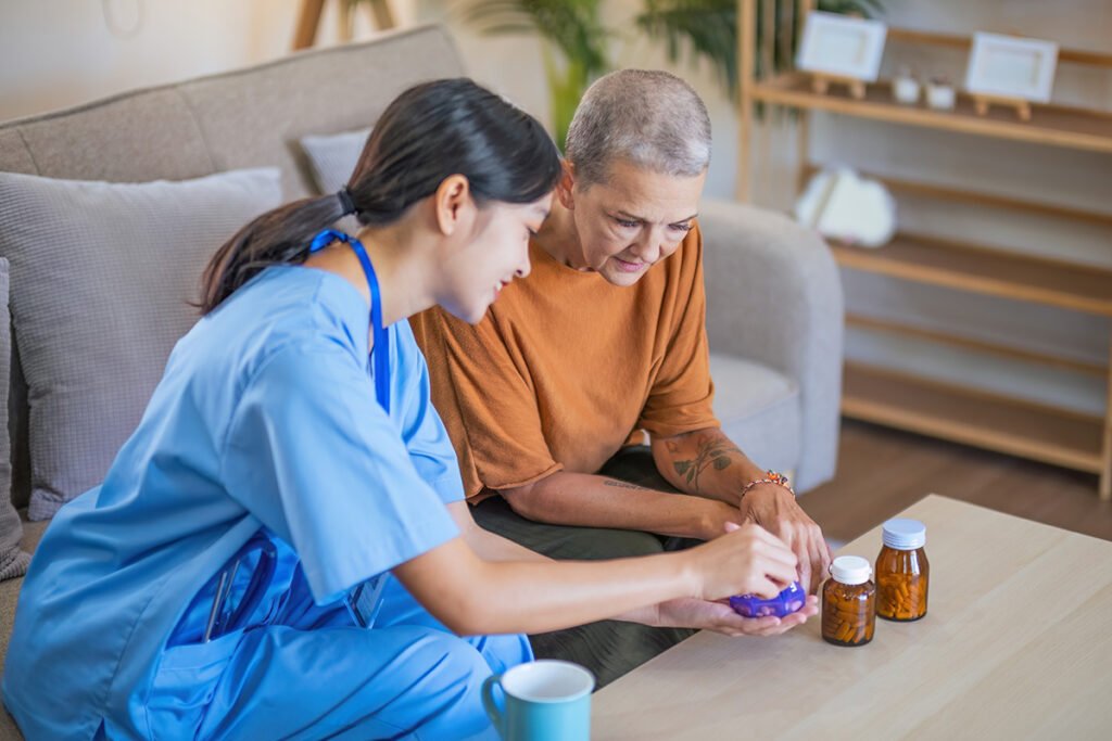 senior woman consults with young adult medical