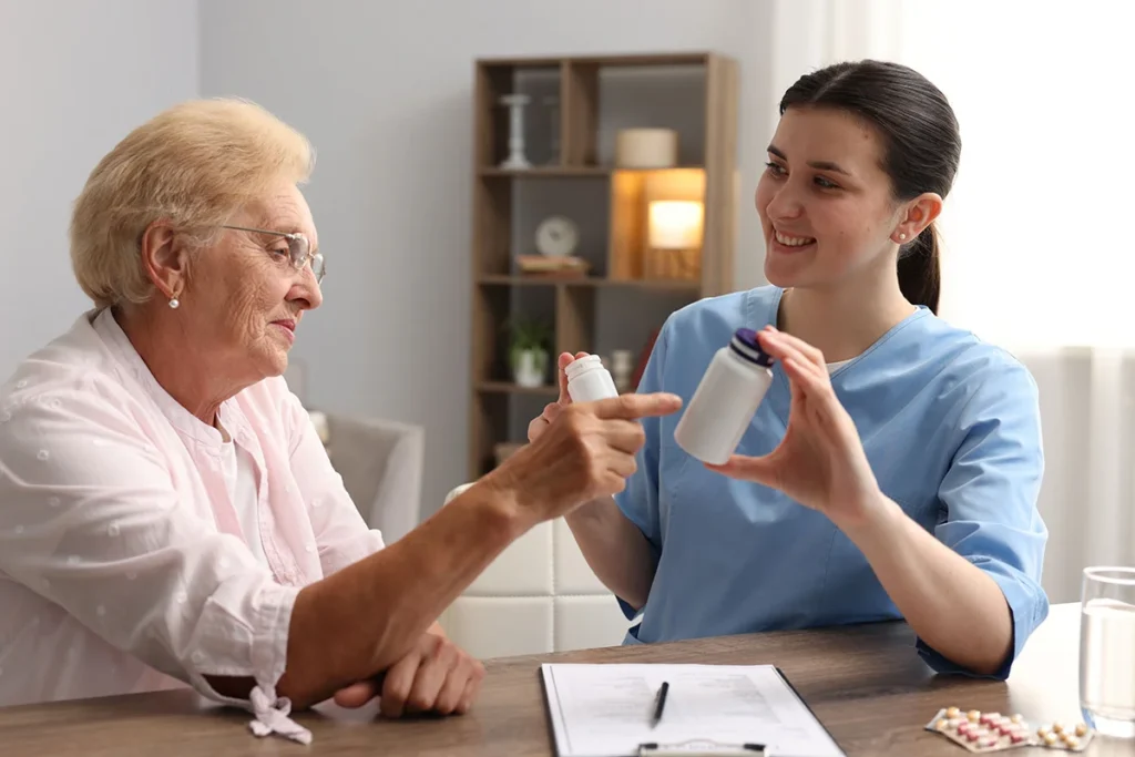 smiling senior woman consults young adult about